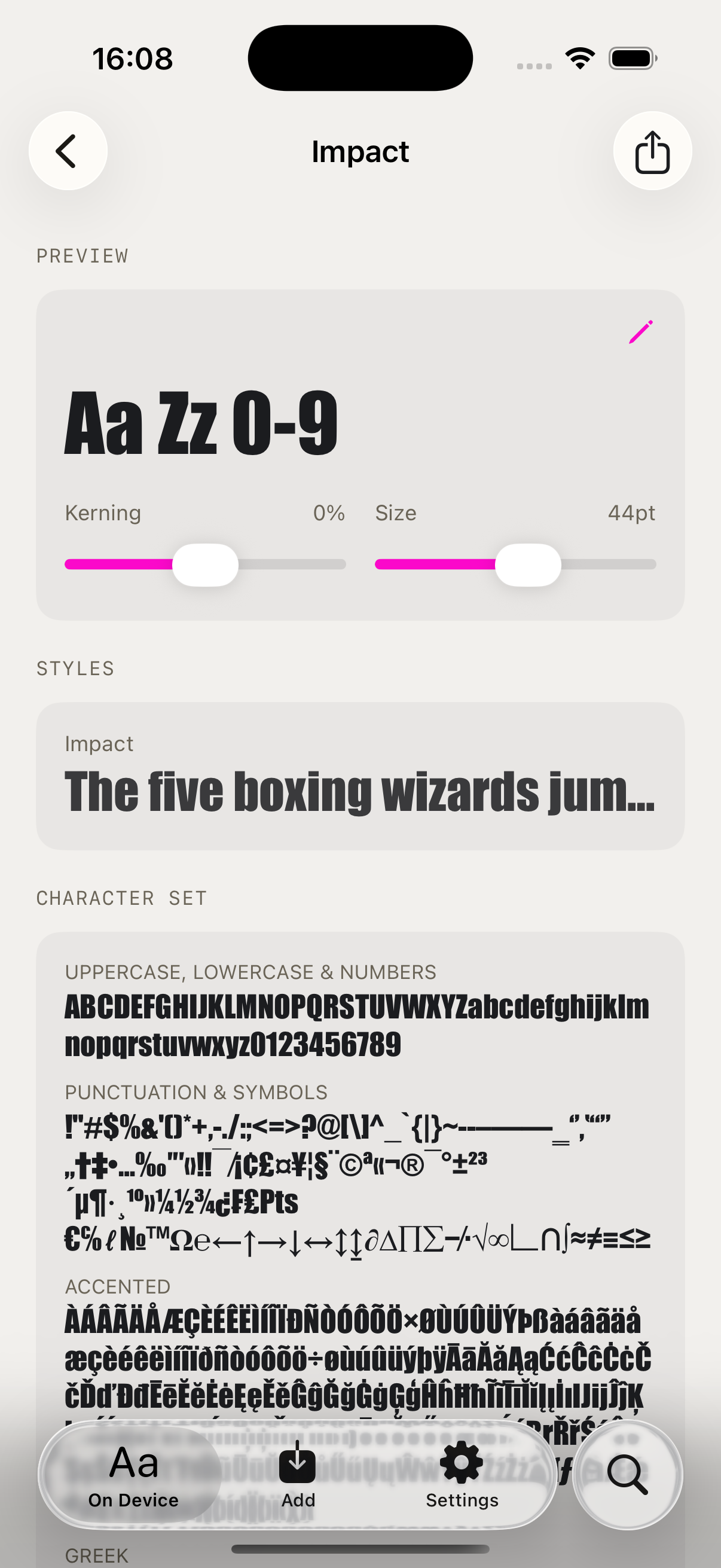 Fontasso details of a fonts - Impact